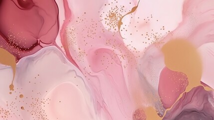 Rose pink liquid watercolor background with golden dots. Dusty blush marble alcohol ink drawing effect Generative AI