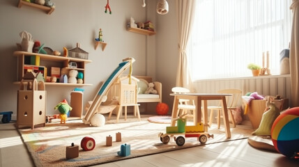 Interior of childrens room with kid toys. Presentation for background. Generative Ai