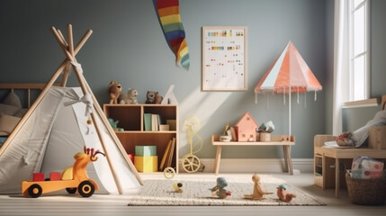 Interior of childrens room with kid toys. Presentation for background. Generative Ai