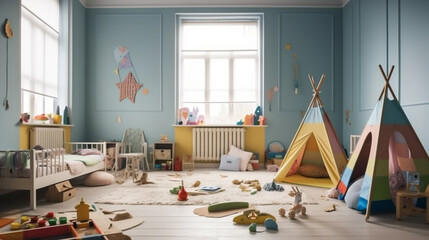Interior of childrens room with kid toys. Presentation for background. Generative Ai