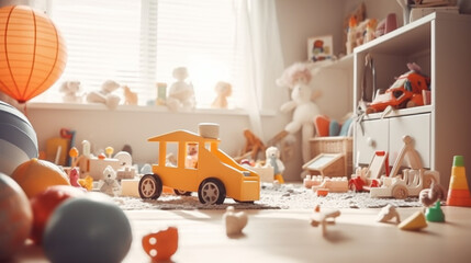 Interior of childrens room with kid toys. Presentation for background. Generative Ai