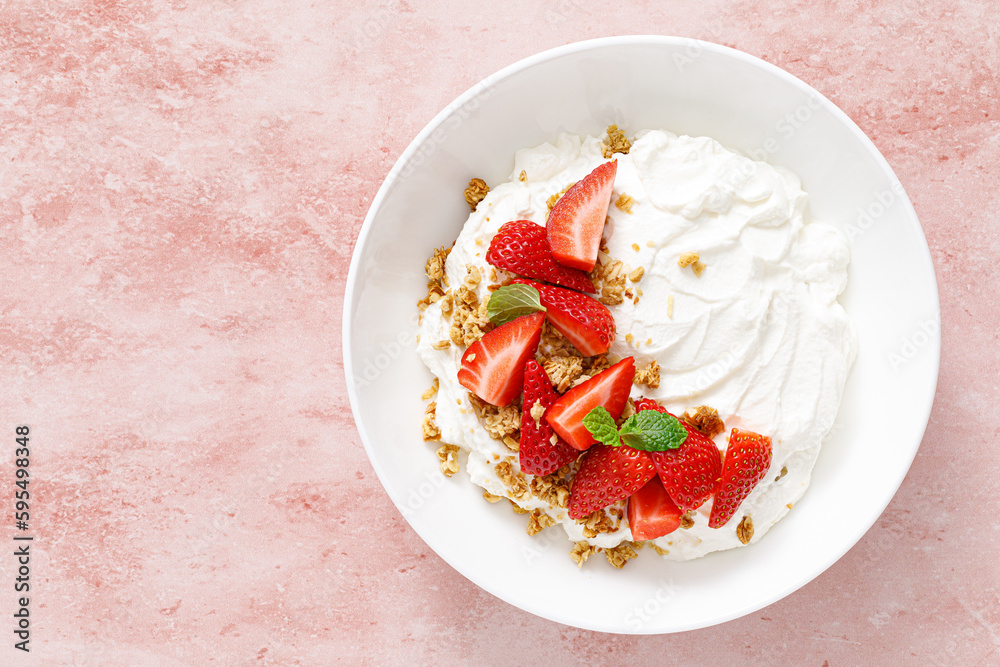 Poster yogurt with strawberry. plain white greek yogurt with fresh berries and granola. healthy food, break