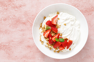 Yogurt with strawberry. Plain white greek yogurt with fresh berries and granola. Healthy food, breakfast. Top view - 595498348