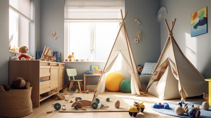 Interior of childrens room with kid toys. Presentation for background. Generative Ai