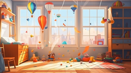 Interior of childrens room with kid toys. Presentation for background. Generative Ai