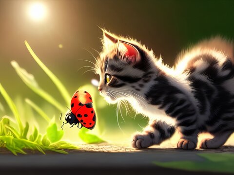 Back-lit kitten searching for a ladybud. 