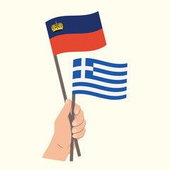 Flags of Liechtenstein and Greece, Hand Holding flags