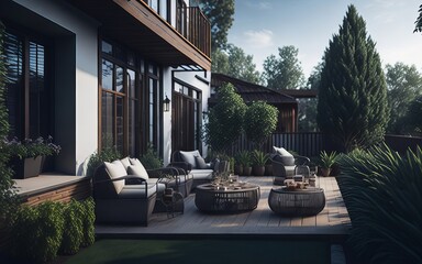 Patio with wicker furniture in a home's front yard. 