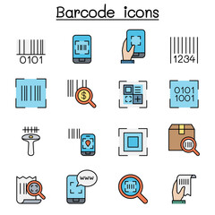 QR Code , Scanner, Package Code and Barcode Reader color line icon set