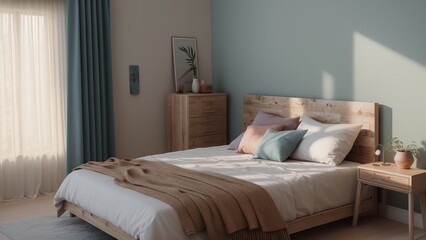 A Radiant Blue Bedroom With A Bed And A Nightstand With A Plant AI Generative