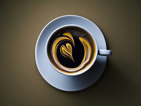 Coffee cup from the top, with a yellow and brown background. Generative AI.