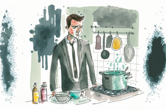 A single man facing the challenge of cooking with incompetence. It represents a fun and visual challenge with a cartoonish design. Generative AI