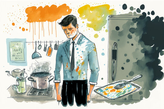 A single man unable to do household chores in the kitchen, illustrated with a cartoon. Suitable for situations where incompetence is to be emphasized. Generative AI