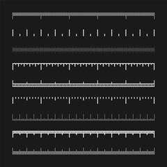 Various measurement scales with divisions. Realistic white scale for measuring length or height in centimeters, millimeters or inches. Ruler, tape measure marks, size indicators. Vector illustration