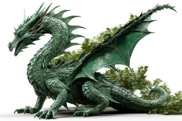 Image of a full length green wooden dragon isolated on a white background. Symbol of 2024. Large dragon surrounded by branches and leaves. High resolution. Generative AI, human enhanced.