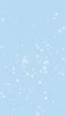 Naklejka na ściany i meble Magic falling snow christmas background. Subtle flying snow flakes and stars on light blue winter backdrop. Magic falling snow holiday scenery. Vertical vector illustration.