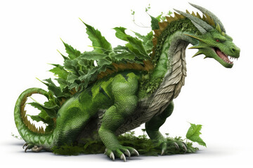Obraz premium Image of a full length green wooden dragon isolated on a white background. Symbol of 2024. Large dragon surrounded by branches and leaves. High resolution. Generative AI, human enhanced