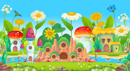 Magic houses mushrooms in the grass and flowers. Fantasy island. House with many windows in the mountain. Hobbit house, castle in the mountain, hills with houses, anthill. Cartoon style for kids.