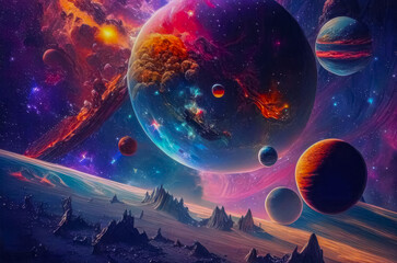 beautiful fantasy universe with planets, star nebulae and comets. © abrilla