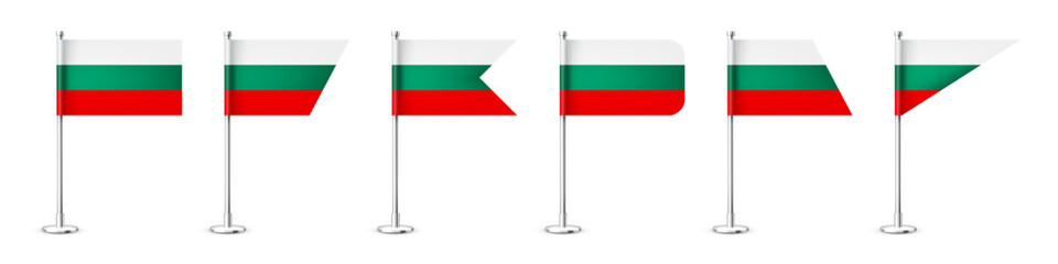 Bulgarian table flags on a chrome steel pole. Souvenir from Bulgaria. Desk flag made of paper or fabric, shiny metal stand. Mockup for promotion and advertising. Vector illustration