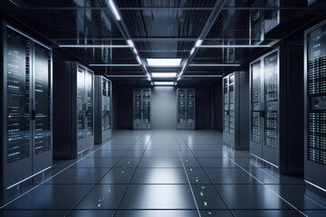 Naklejka premium Hallway in data center filled with neatly arranged server racks, equipped with state-of-the-art hardware and software. modern infrastructure ensures reliable and secure data storage. Is AI Generative.