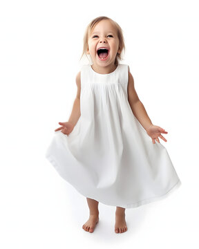 Happy toddler wearing white dress. Mockup base isolated on white background.