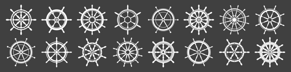 Collection of white vintage steering wheels. Ship, yacht retro wheel symbol. Nautical rudder icon. Marine design element. Vector illustration © 32 pixels