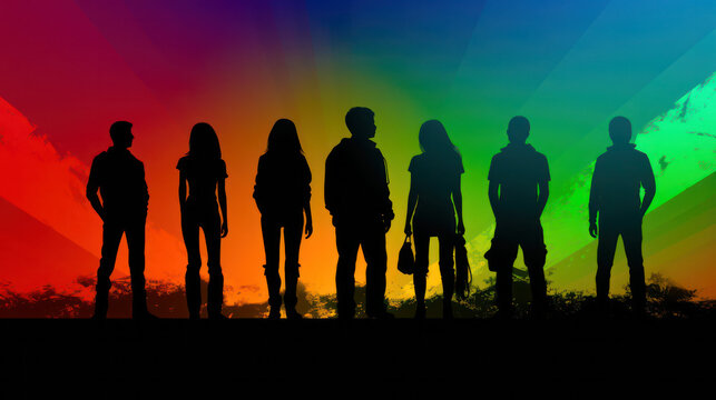 silhouette of young people on a colored background .diversity concept. Generative AI
