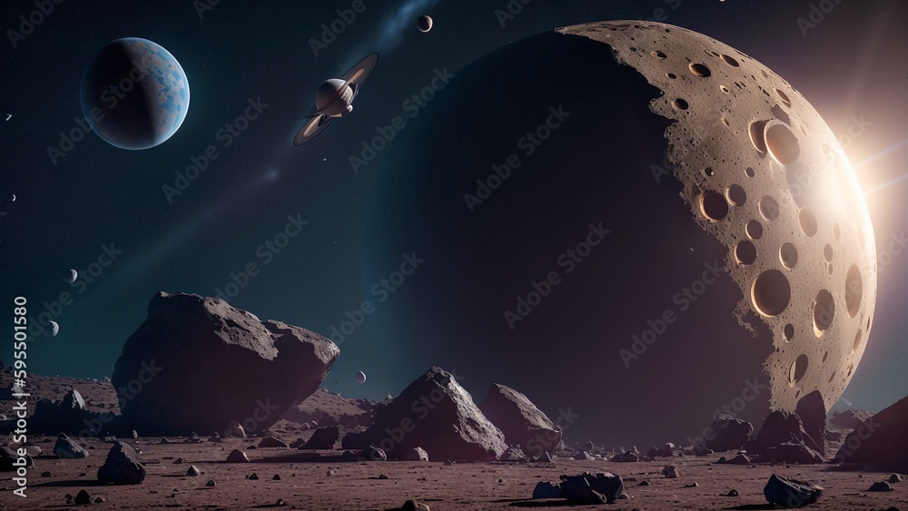 Wall mural an elegant view of a planet with a rocket flying over it ai generative