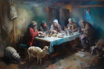 Medieval People Eating Around A Table In the Style of Rembrandt