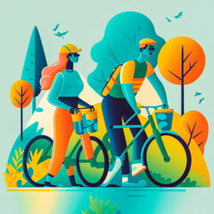 This illustrious image depicts a couple mountain biking in a colorful and contemporary landscape. A perfect image to evoke modernism and sports activity at the same time. Generative AI