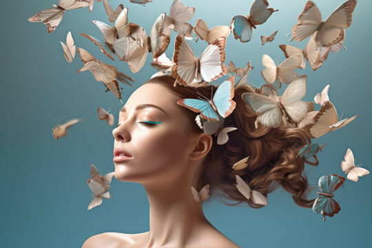 Woman Digital Artist In 3d Flying From A Brain Into Some Butterflies - Generative AI