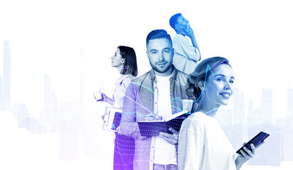 Diverse student team in city, graph