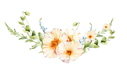Watercolor minimalistic bouquet, field flowers, floral arrangement, png illustration.