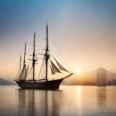 Fototapeta na wymiar AI generated photo boat with sails on the water and mountains in the background.