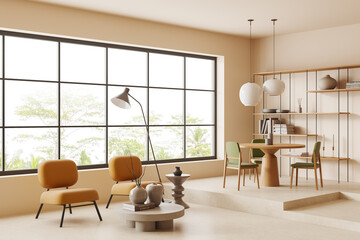 Beige chill room interior with armchairs and decor, dining corner and window
