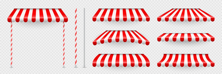 Red shop sunshade with stand holders. Realistic striped cafe awning. Outdoor market tent. Roof canopy. Summer street store. Vector illustration