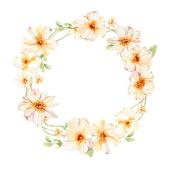 Fototapeta na wymiar Watercolor elegant wreath, floral arrangement, summer field flowers composition, png illustration.