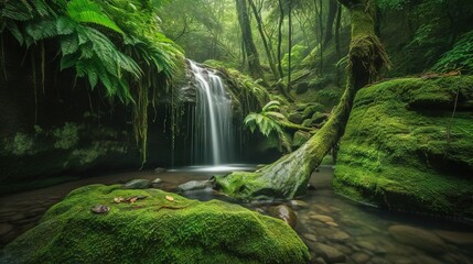  a small waterfall in the middle of a lush green forest.  generative ai - obrazy, fototapety, plakaty