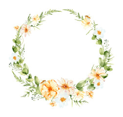 Watercolor elegant wreath, floral arrangement, summer field flowers composition, png illustration.