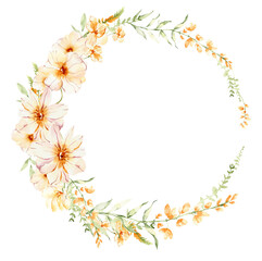 Watercolor elegant wreath, floral arrangement, summer field flowers composition, png illustration.