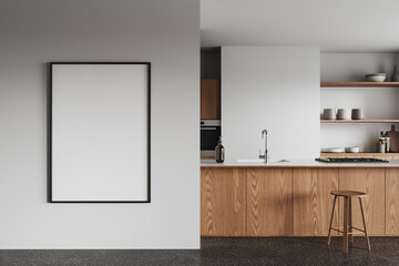 White kitchen interior with island and poster