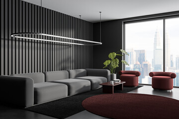 Grey living room interior with couch and armchairs, decoration and window