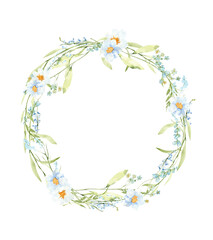 Watercolor elegant wreath, floral arrangement, summer field flowers composition, png illustration.