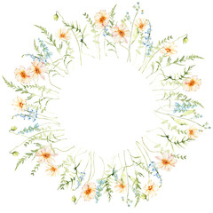 Watercolor elegant wreath, floral arrangement, summer field flowers composition, png illustration.
