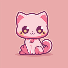 A cute cat with a pink face sits on a pink background.