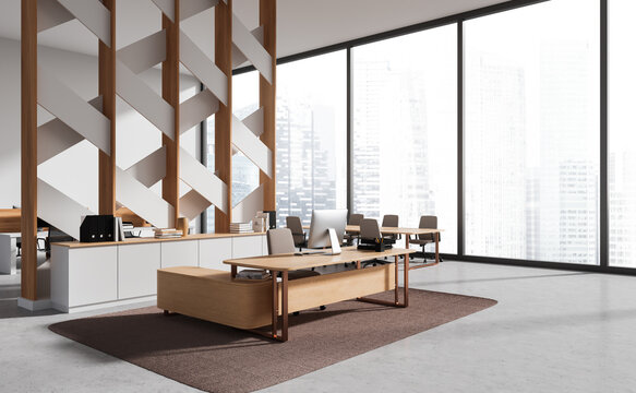 White and patterned CEO office and meeting room