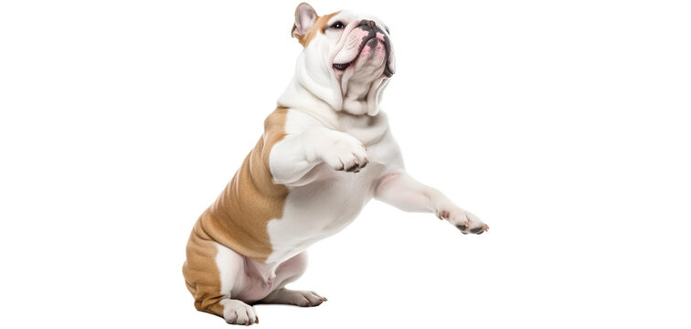 Happy buldog isolated on transparent background. PNG. Banner dog obedience training. Buldog sitting on hind legs begging behaviour. Digital ai art