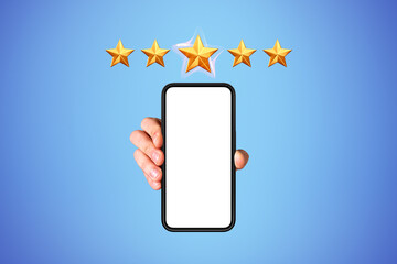 Man hand holding a mock up smartphone, blank screen and five stars feedback
