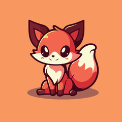 A fox with a tail sits on an orange background.